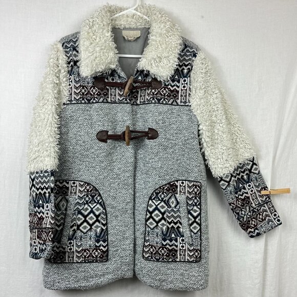 Moon River Faux Fur Tapestry Coat Womens S Oversized Southwestern Aztec Toggle - Picture 1 of 15